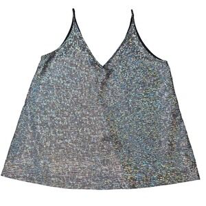 Caramela Womens Holographic Iridescent Metallic Cami Top V-Neck Festival Silver
